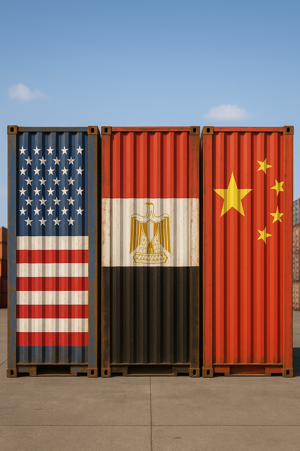 Shipping containers, USA, Egypt, China flags